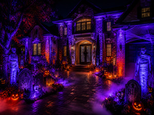 Iluminação cênica LED para decoração de halloween externa - Padoma Eventos